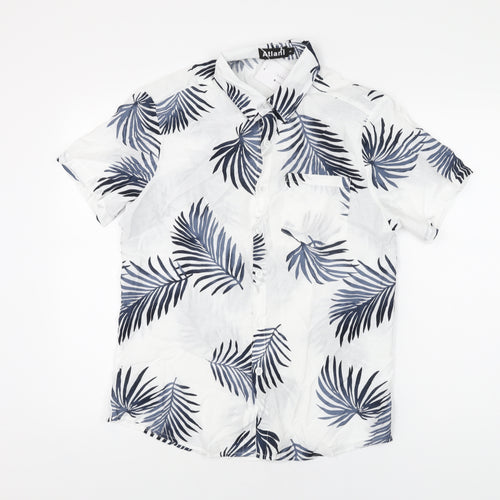 Atlanl Mens White Geometric Cotton Button-Up Size S Collared Button