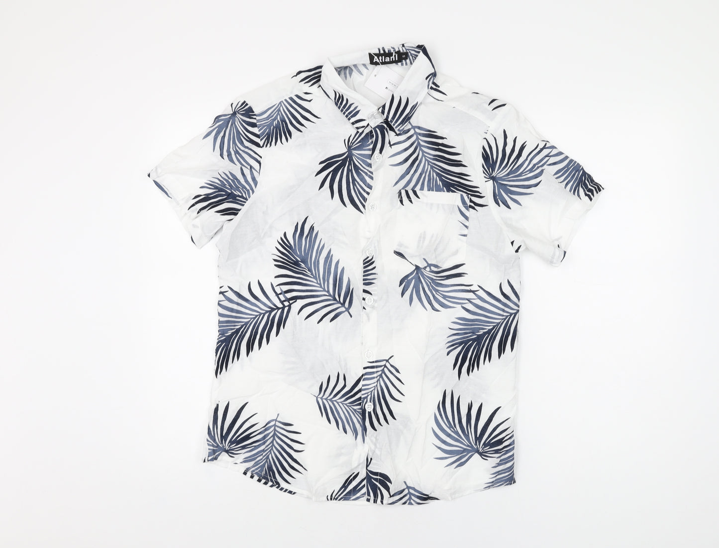 Atlanl Mens White Geometric Cotton Button-Up Size S Collared Button