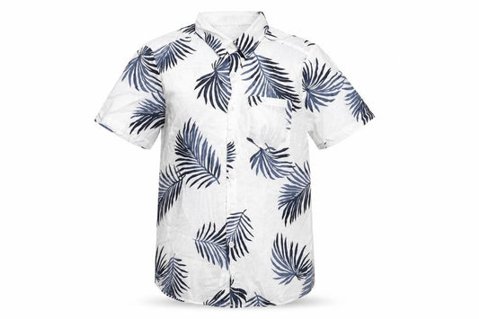 Front view of Atlanl men’s white geometric cotton button-up, size S, collared button