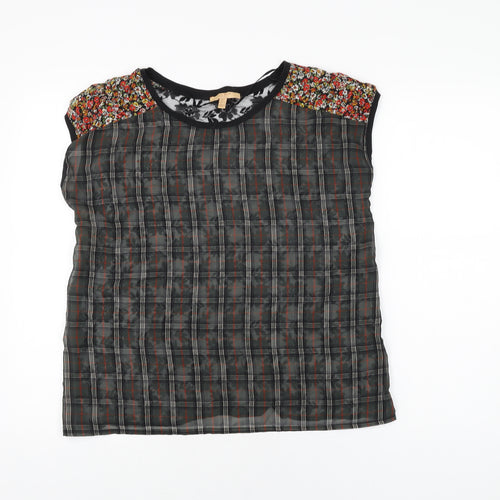 Zara Womens Green Plaid Polyester Basic T-Shirt Size S Round Neck