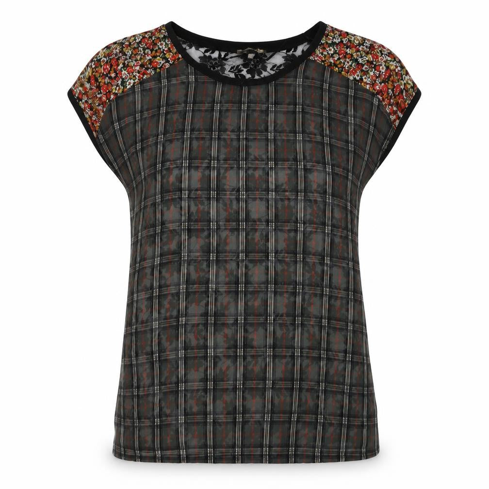 Front view of Zara women’s green plaid polyester basic t-shirt, size S, round neck