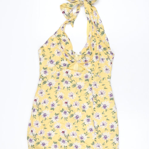 Here Comes The Sun Womens Yellow Floral Cotton Mini Size 10 Halter Zip