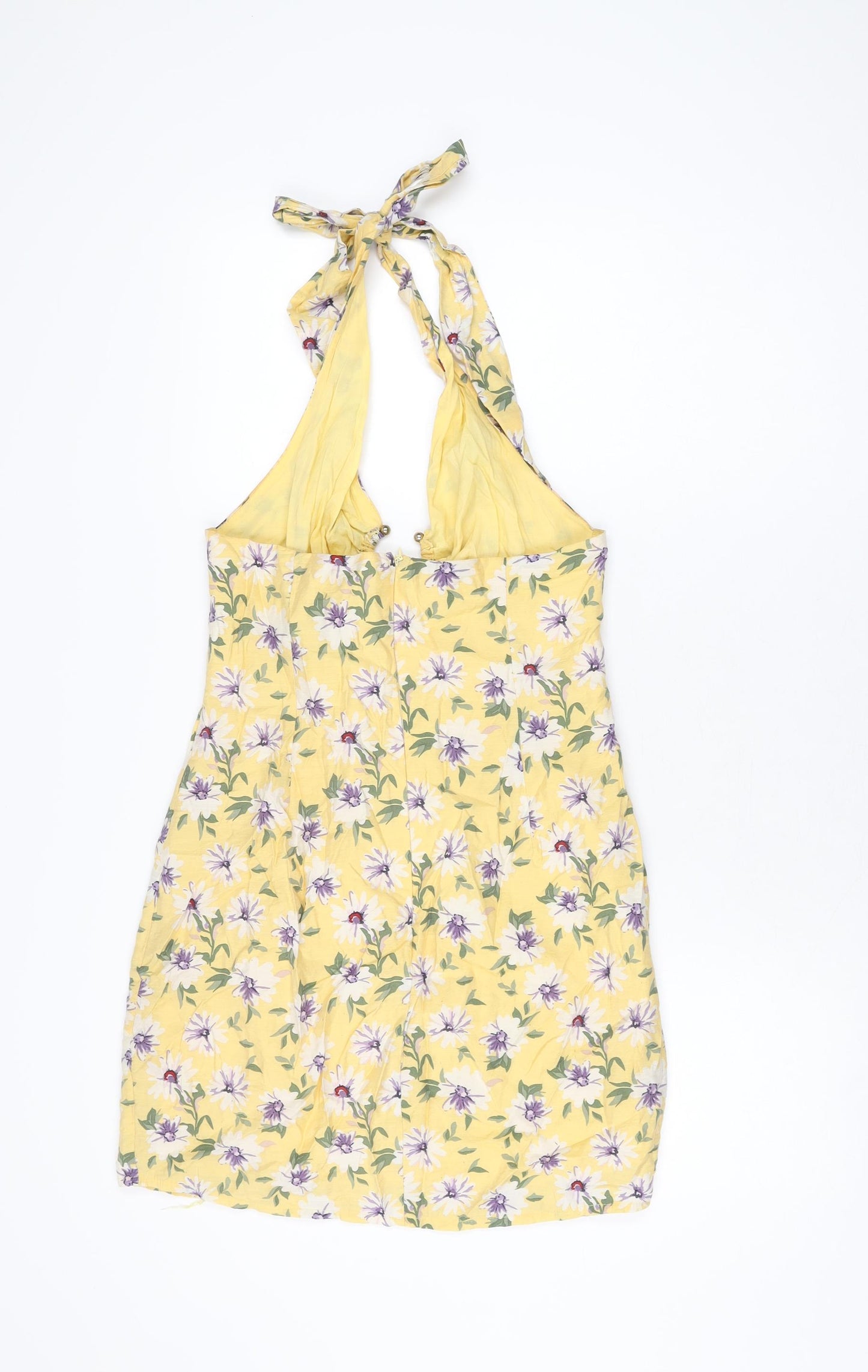 Here Comes The Sun Womens Yellow Floral Cotton Mini Size 10 Halter Zip
