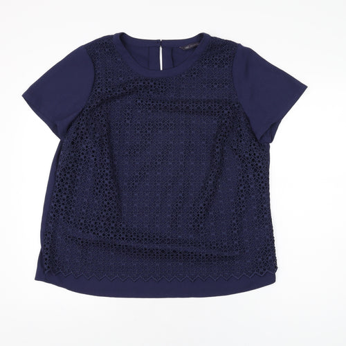 Marks and Spencer Womens Blue Geometric Polyester Basic T-Shirt Size 16 Round Neck