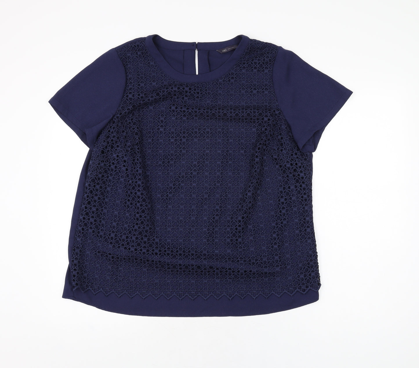 Marks and Spencer Womens Blue Geometric Polyester Basic T-Shirt Size 16 Round Neck