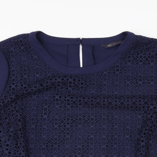 Marks and Spencer Womens Blue Geometric Polyester Basic T-Shirt Size 16 Round Neck