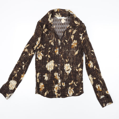 AMARANTO Womens Brown Floral Polyester Basic Button-Up Size 14 Collared