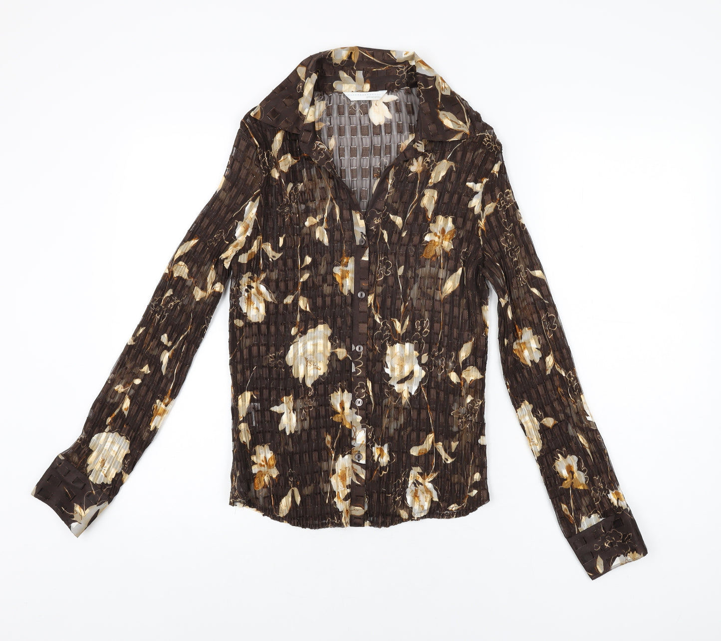 AMARANTO Womens Brown Floral Polyester Basic Button-Up Size 14 Collared