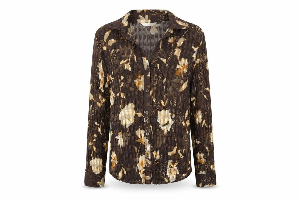 Front view of AMARANTO women’s brown floral polyester basic button-up, size UK 14, collared