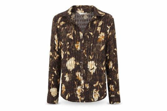 Front view of AMARANTO women’s brown floral polyester basic button-up, size UK 14, collared