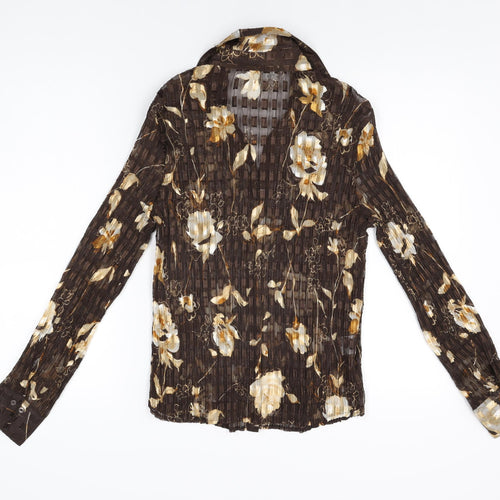 AMARANTO Womens Brown Floral Polyester Basic Button-Up Size 14 Collared