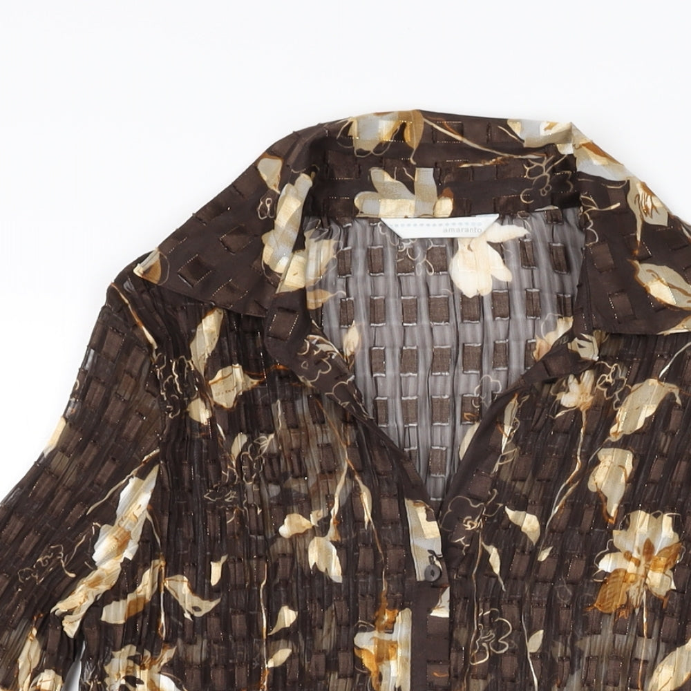 AMARANTO Womens Brown Floral Polyester Basic Button-Up Size 14 Collared