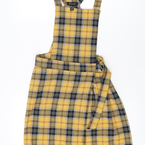 New Look Womens Yellow Plaid Polyester Pinafore/Dungaree Dress Size 8 Square Neck Buckle