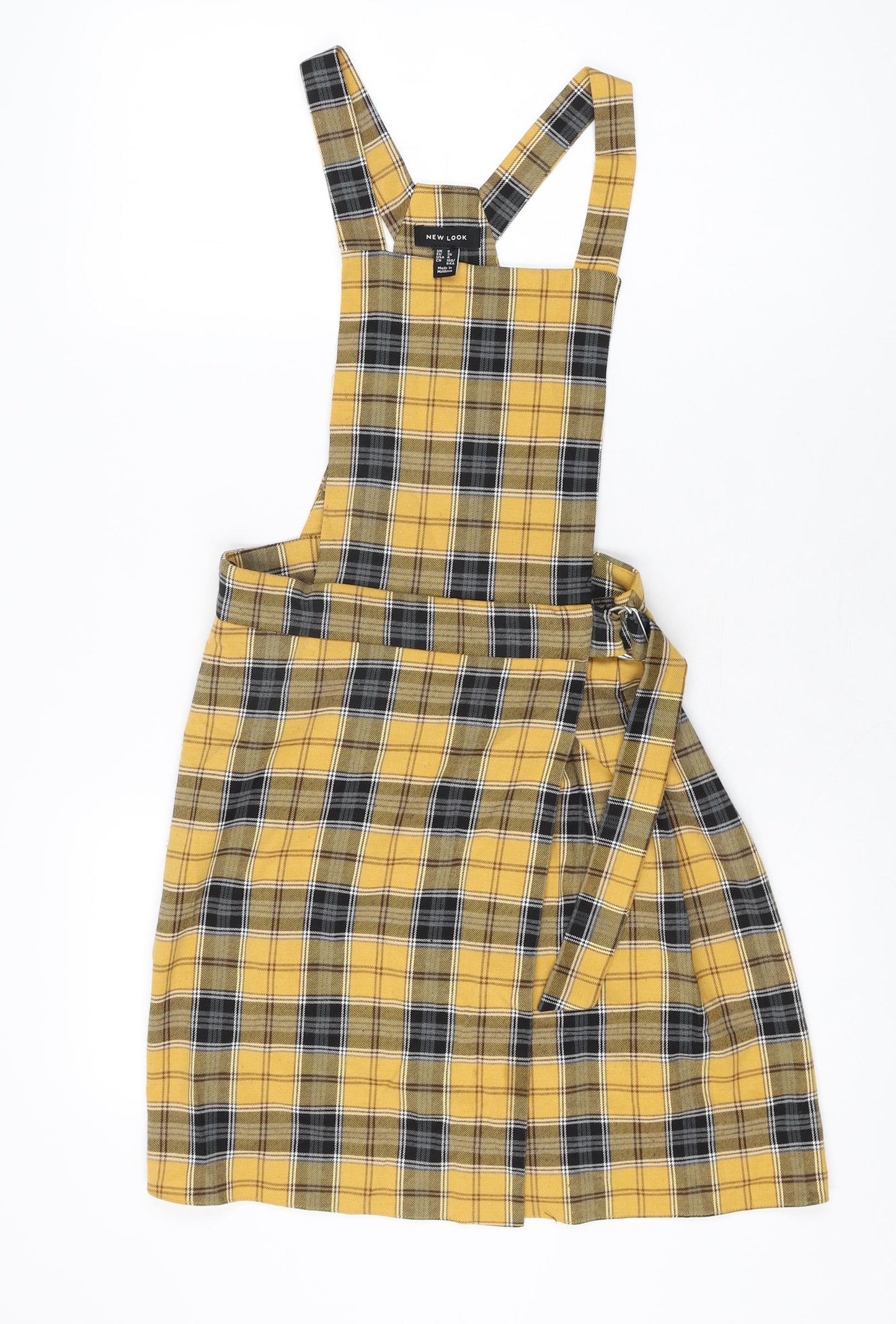 New Look Womens Yellow Plaid Polyester Pinafore/Dungaree Dress Size 8 Square Neck Buckle