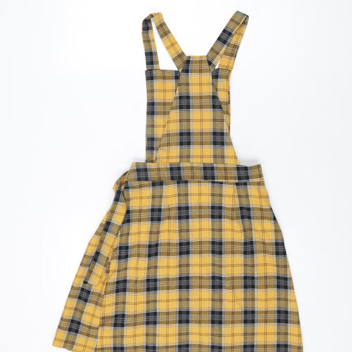 New Look Womens Yellow Plaid Polyester Pinafore/Dungaree Dress Size 8 Square Neck Buckle