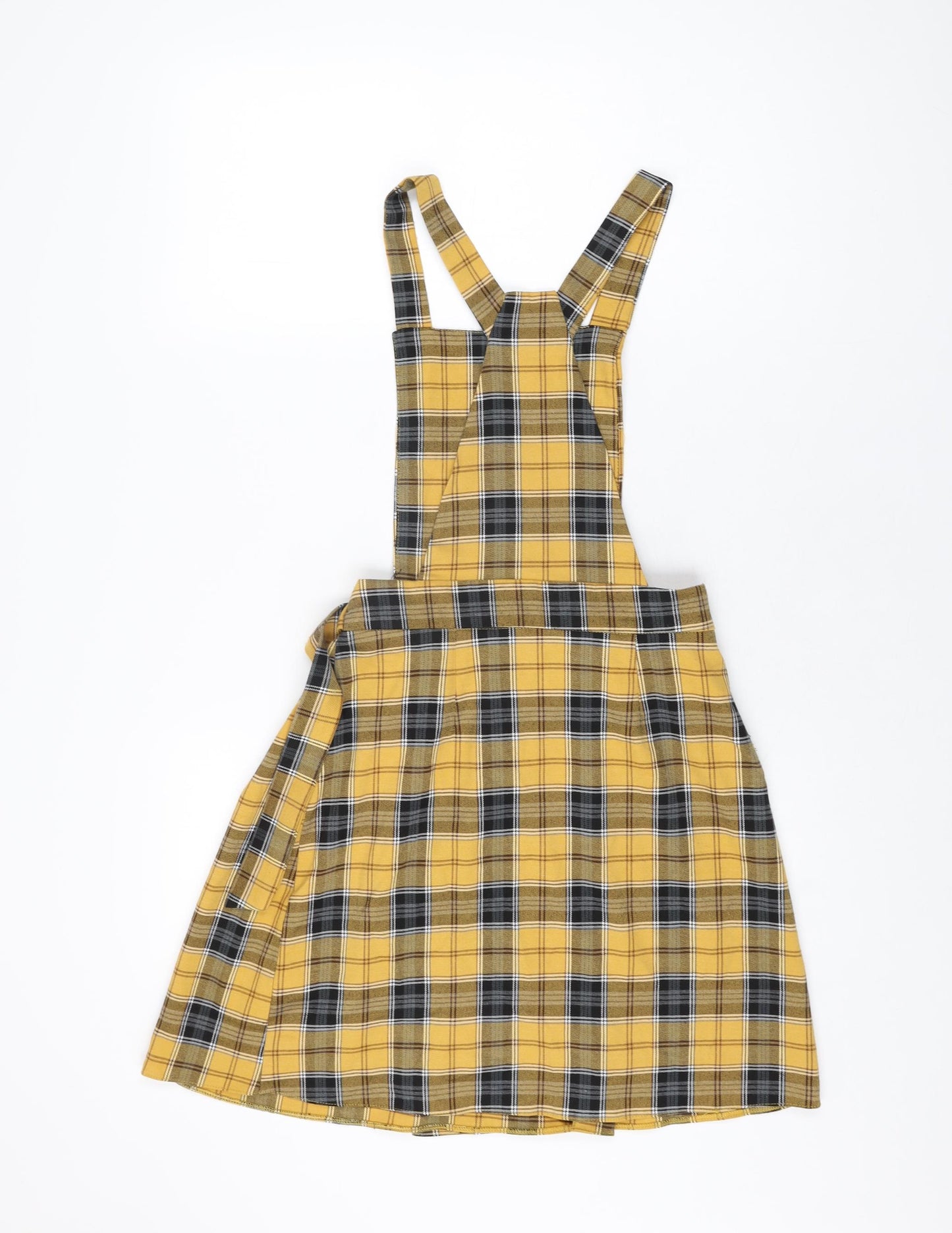 New Look Womens Yellow Plaid Polyester Pinafore/Dungaree Dress Size 8 Square Neck Buckle