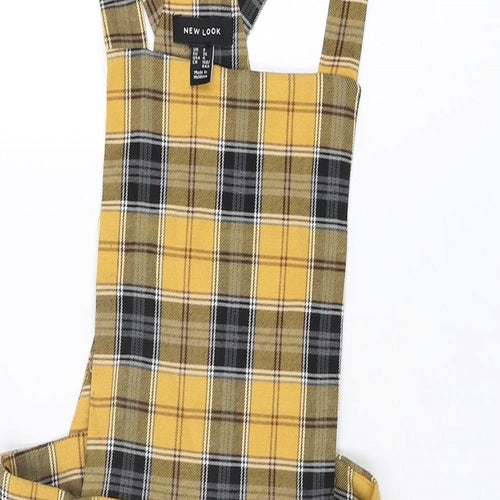 New Look Womens Yellow Plaid Polyester Pinafore/Dungaree Dress Size 8 Square Neck Buckle