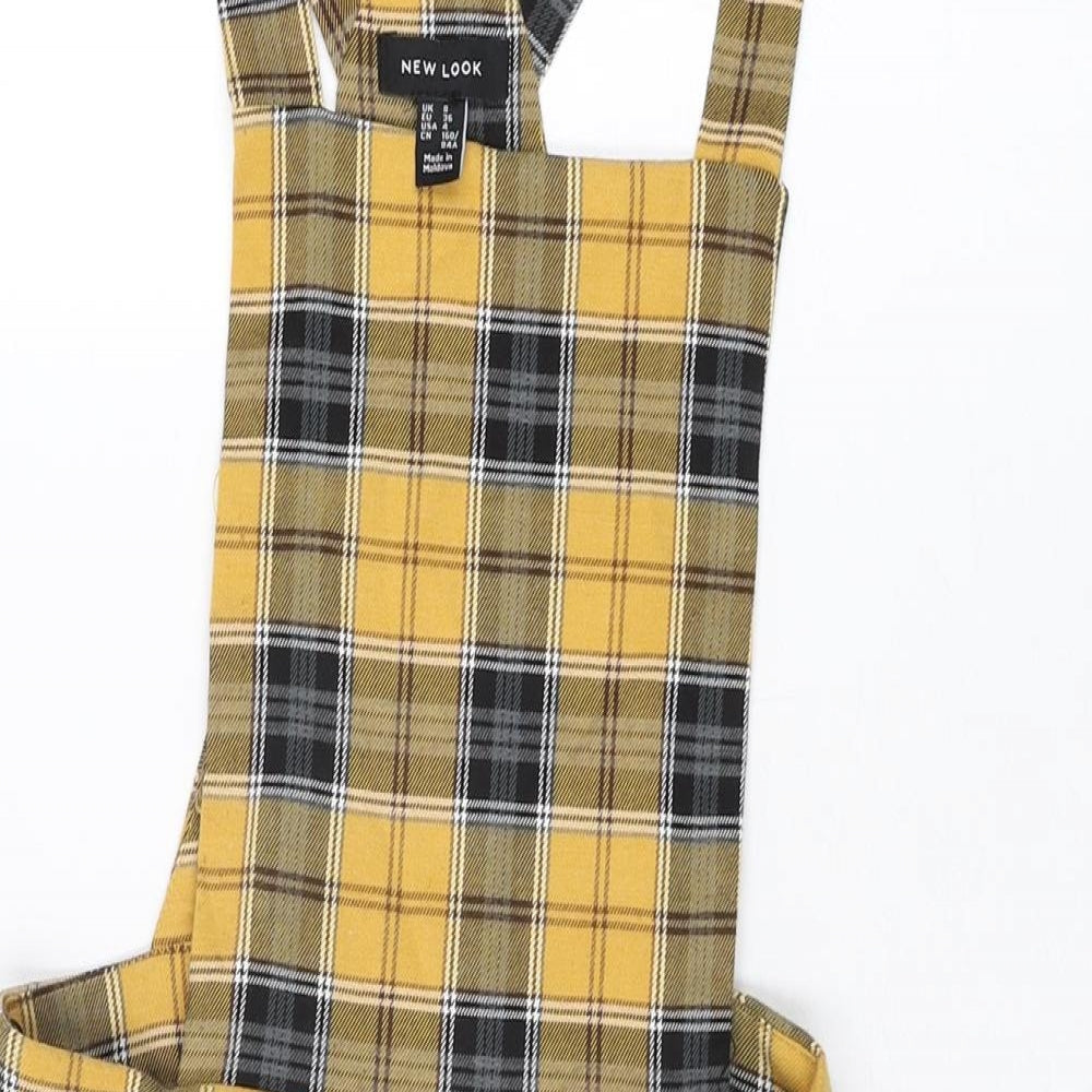 New Look Womens Yellow Plaid Polyester Pinafore/Dungaree Dress Size 8 Square Neck Buckle