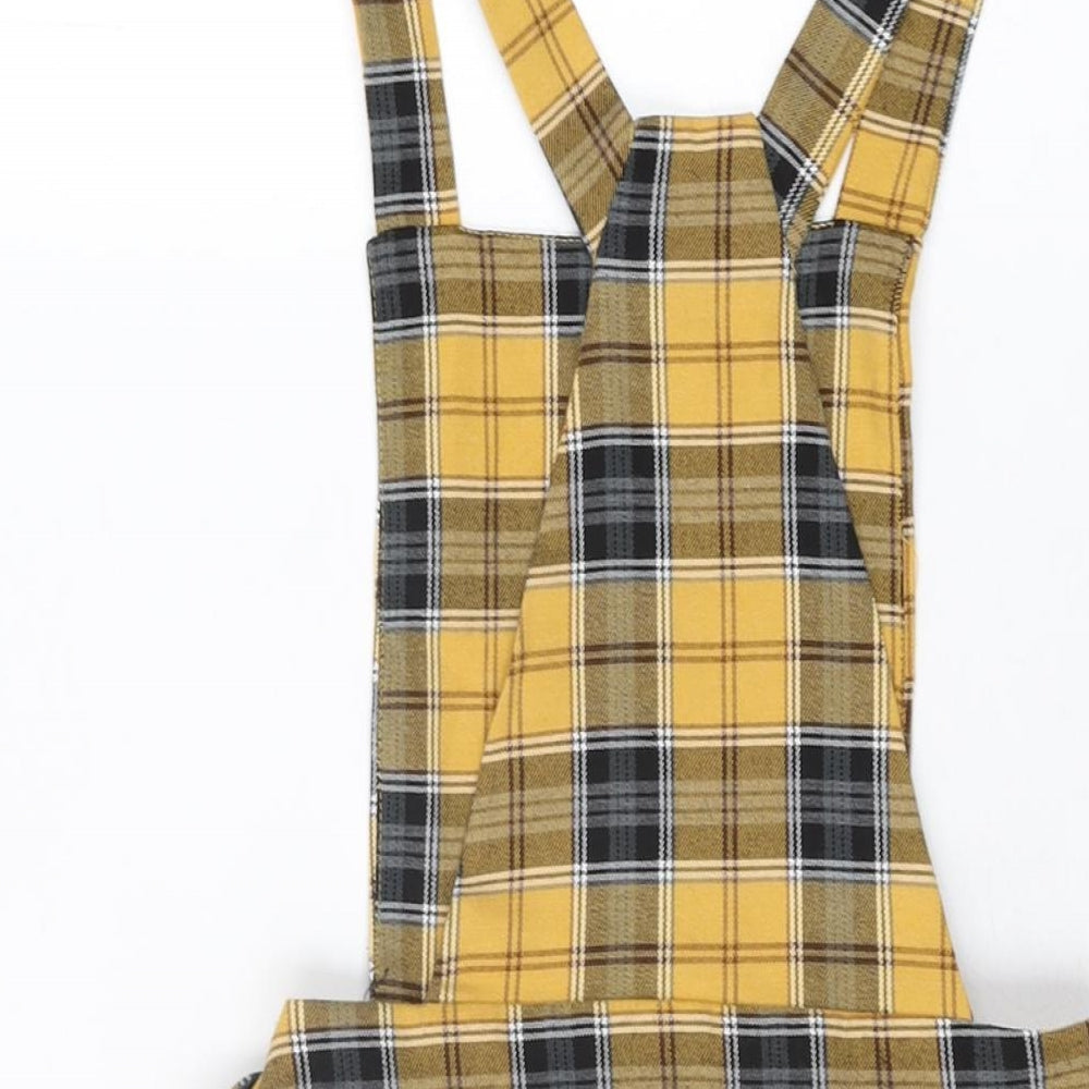 New Look Womens Yellow Plaid Polyester Pinafore/Dungaree Dress Size 8 Square Neck Buckle