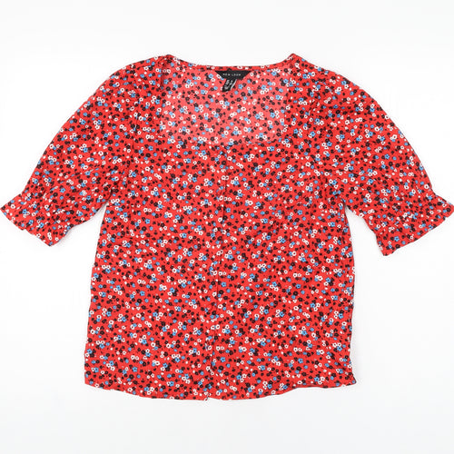 New Look Womens Red Floral Polyester Basic Button-Up Size 6 Square Neck
