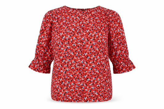 Front view of New Look women’s red floral polyester basic button-up, size UK 6, square neck