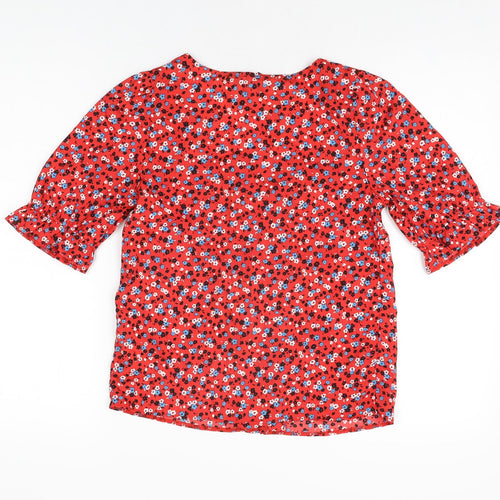 New Look Womens Red Floral Polyester Basic Button-Up Size 6 Square Neck