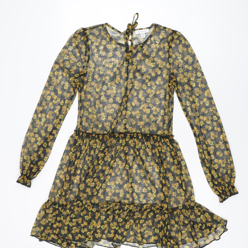 Topshop Womens Black Floral Polyester Skater Dress Size 6 Round Neck Tie