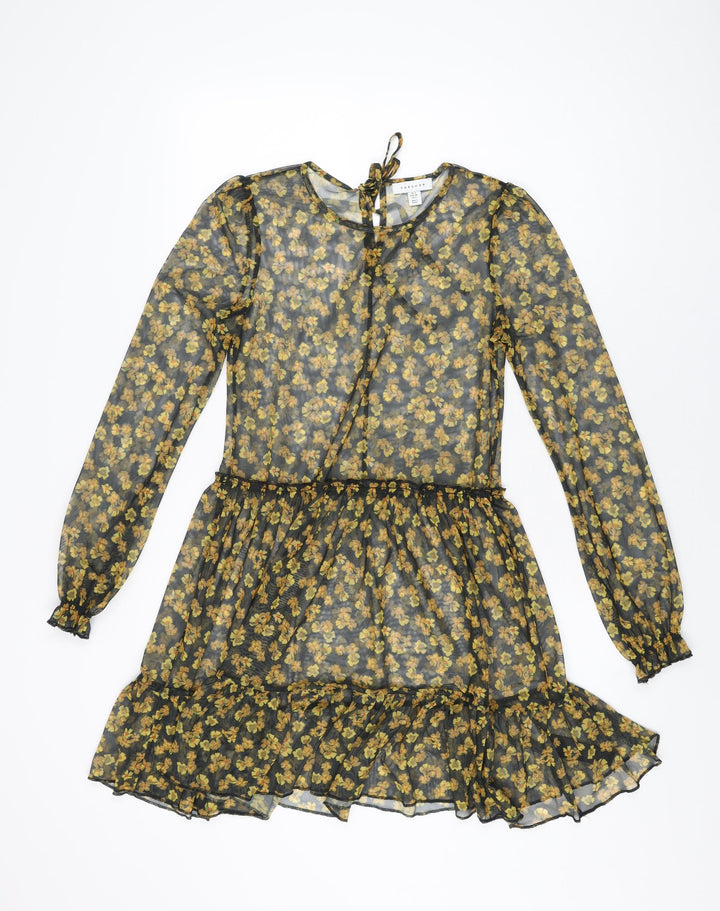 Topshop Womens Black Floral Polyester Skater Dress Size 6 Round Neck Tie
