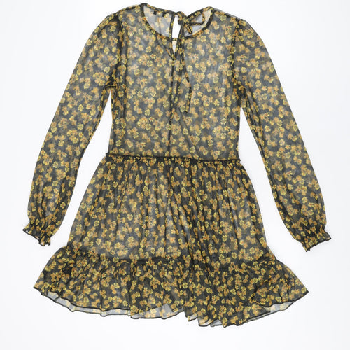 Topshop Womens Black Floral Polyester Skater Dress Size 6 Round Neck Tie