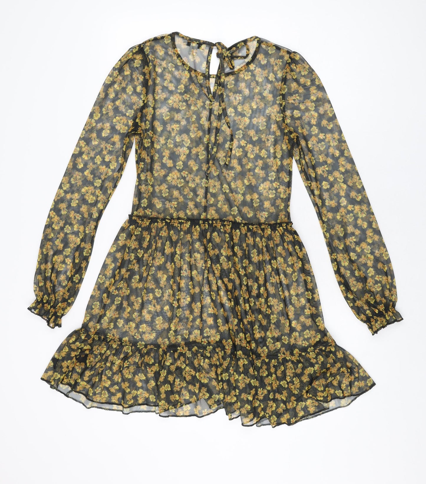 Topshop Womens Black Floral Polyester Skater Dress Size 6 Round Neck Tie