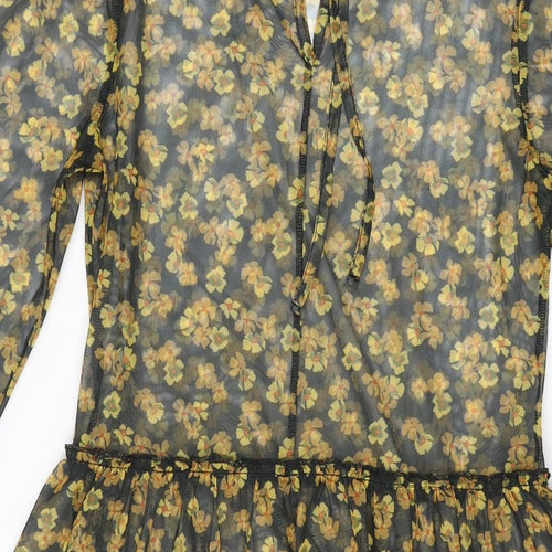 Topshop Womens Black Floral Polyester Skater Dress Size 6 Round Neck Tie
