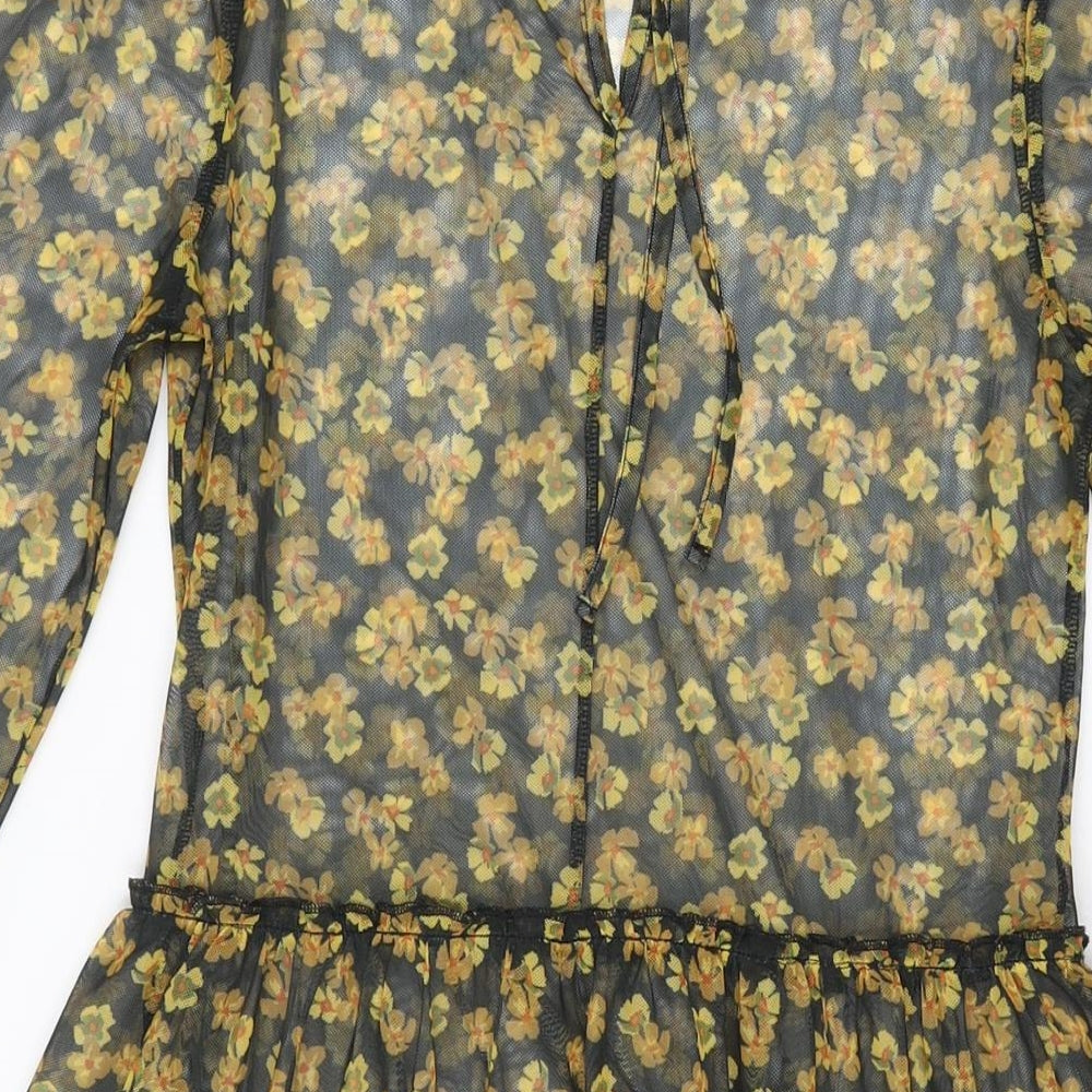 Topshop Womens Black Floral Polyester Skater Dress Size 6 Round Neck Tie