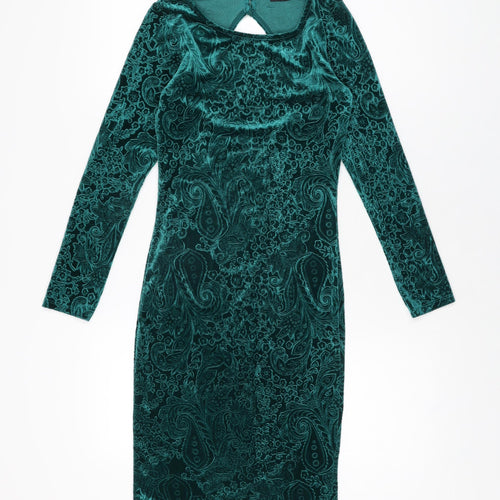 Miss Selfridge Womens Green Geometric Polyester Bodycon Size 8 Round Neck Button