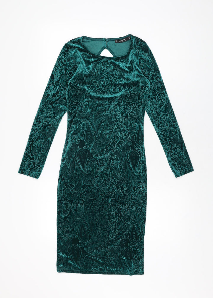 Miss Selfridge Womens Green Geometric Polyester Bodycon Size 8 Round Neck Button