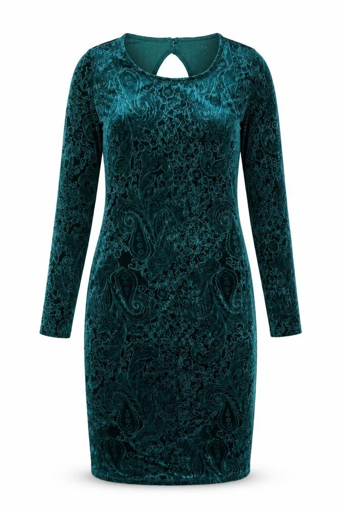 Front view of Miss Selfridge women’s green geometric polyester bodycon, size UK 8, round neck button