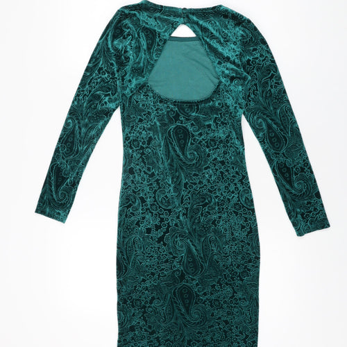 Miss Selfridge Womens Green Geometric Polyester Bodycon Size 8 Round Neck Button