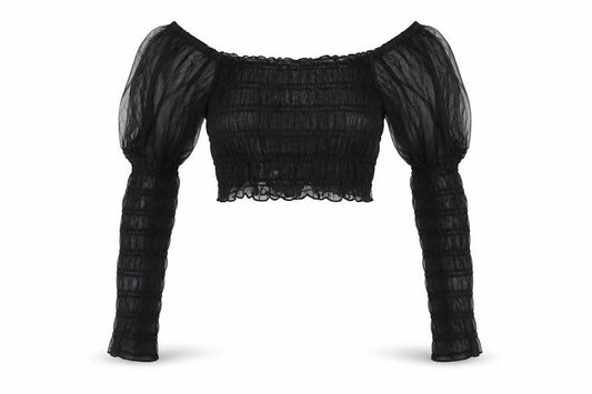 Front view of ASOS women’s black nylon cropped t-shirt, size UK 8, square neck