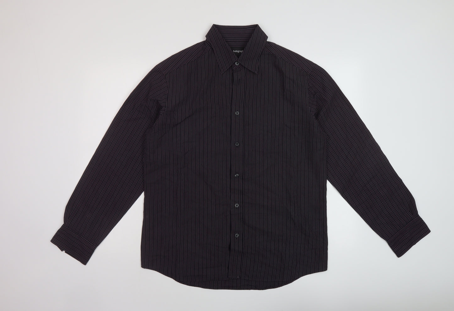 Autograph Mens Purple Striped Polyester Button-Up Size M Collared Button