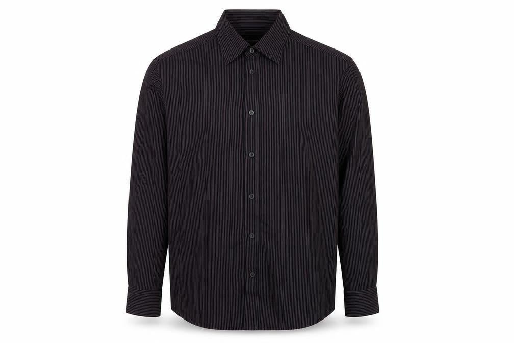 Front view of Autograph men’s purple striped polyester button-up, size M, collared button