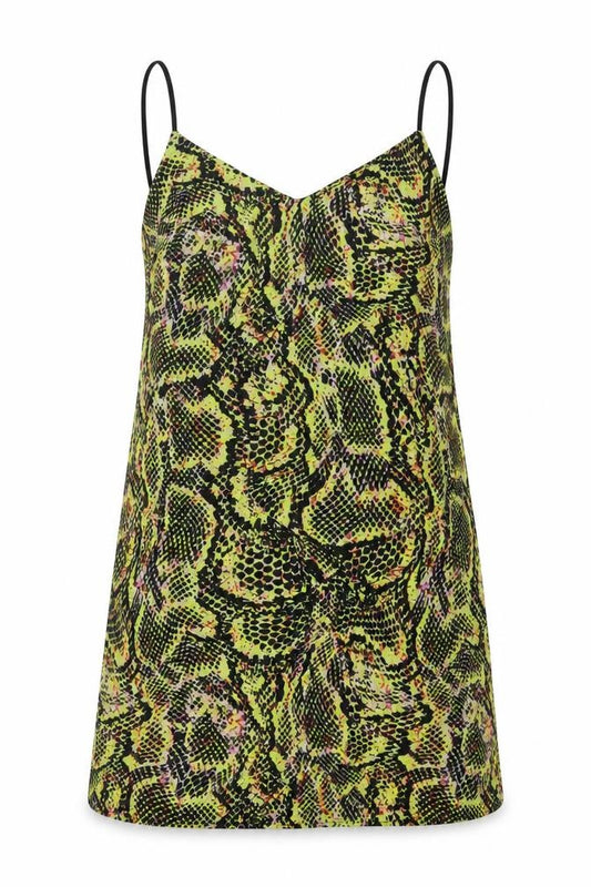 Front view of Collusion women’s multicoloured animal print polyester mini, size UK 12, v-neck pullover