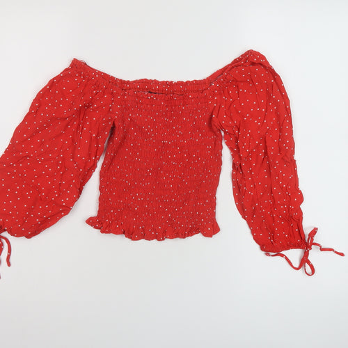New Look Womens Red Polka Dot Viscose Cropped Blouse Size 6 Square Neck