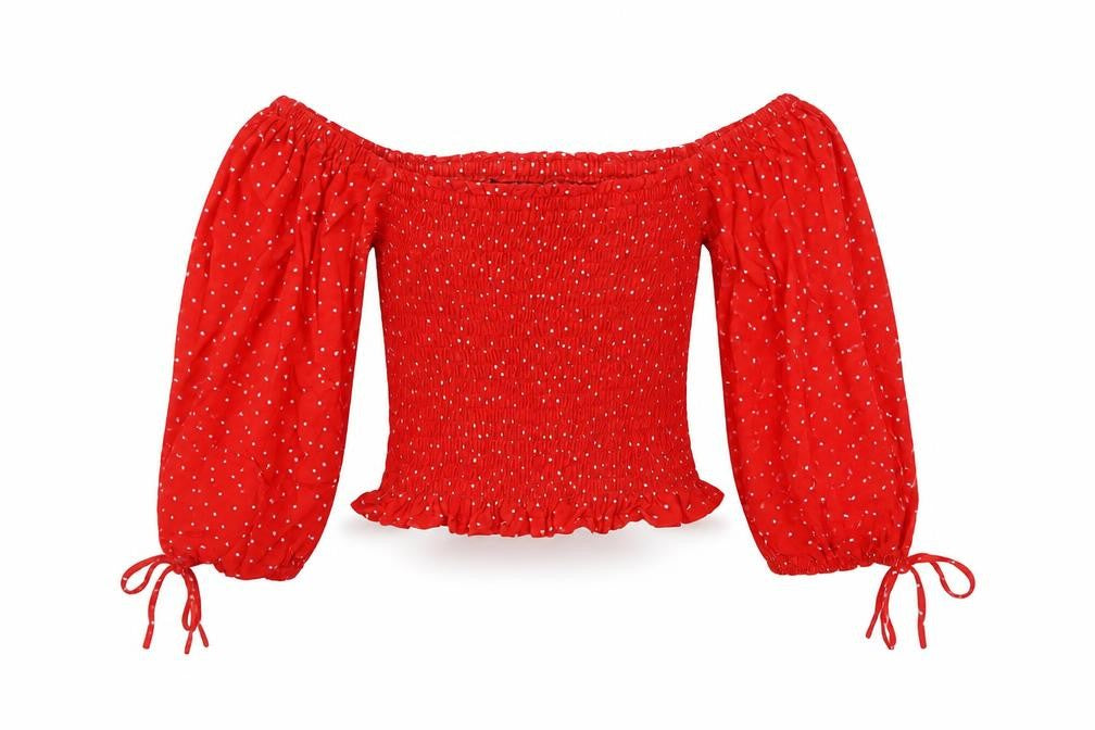 New Look Womens Red Polka Dot Viscose Cropped Blouse Size 6 Square Neck