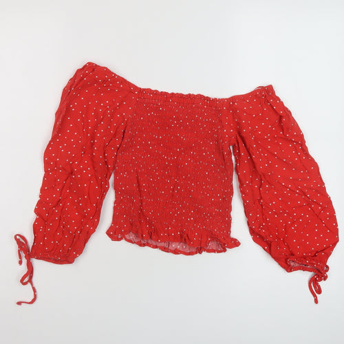 New Look Womens Red Polka Dot Viscose Cropped Blouse Size 6 Square Neck
