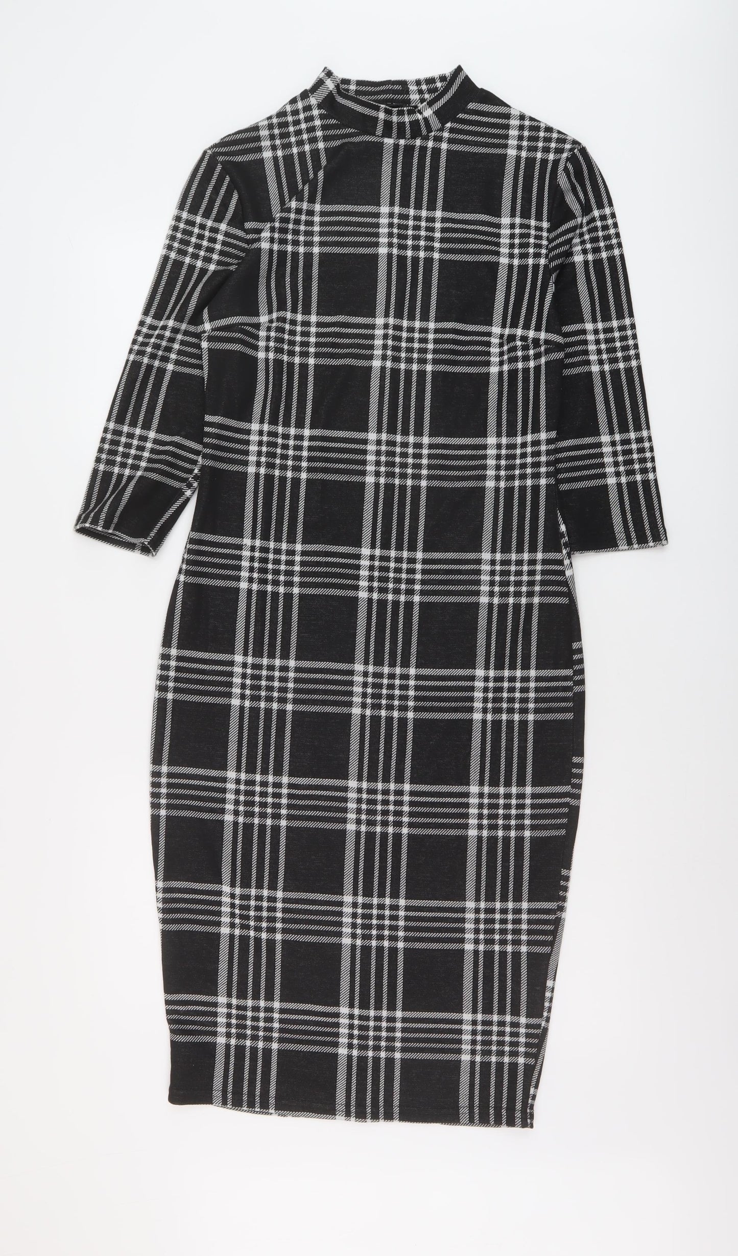 New Loo Womens Black Plaid Polyester Bodycon Size 12 Mock Neck Pullover