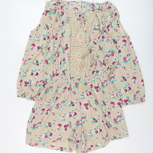 DR2 Womens Beige Floral Polyester Playsuit One-Piece Size M Tie
