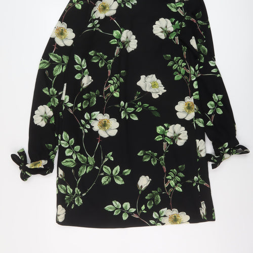 H&M Womens Black Floral Polyester A-Line Size 6 Round Neck Button