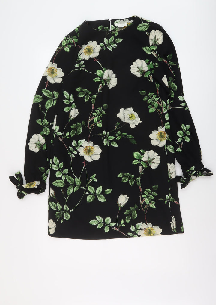 H&M Womens Black Floral Polyester A-Line Size 6 Round Neck Button