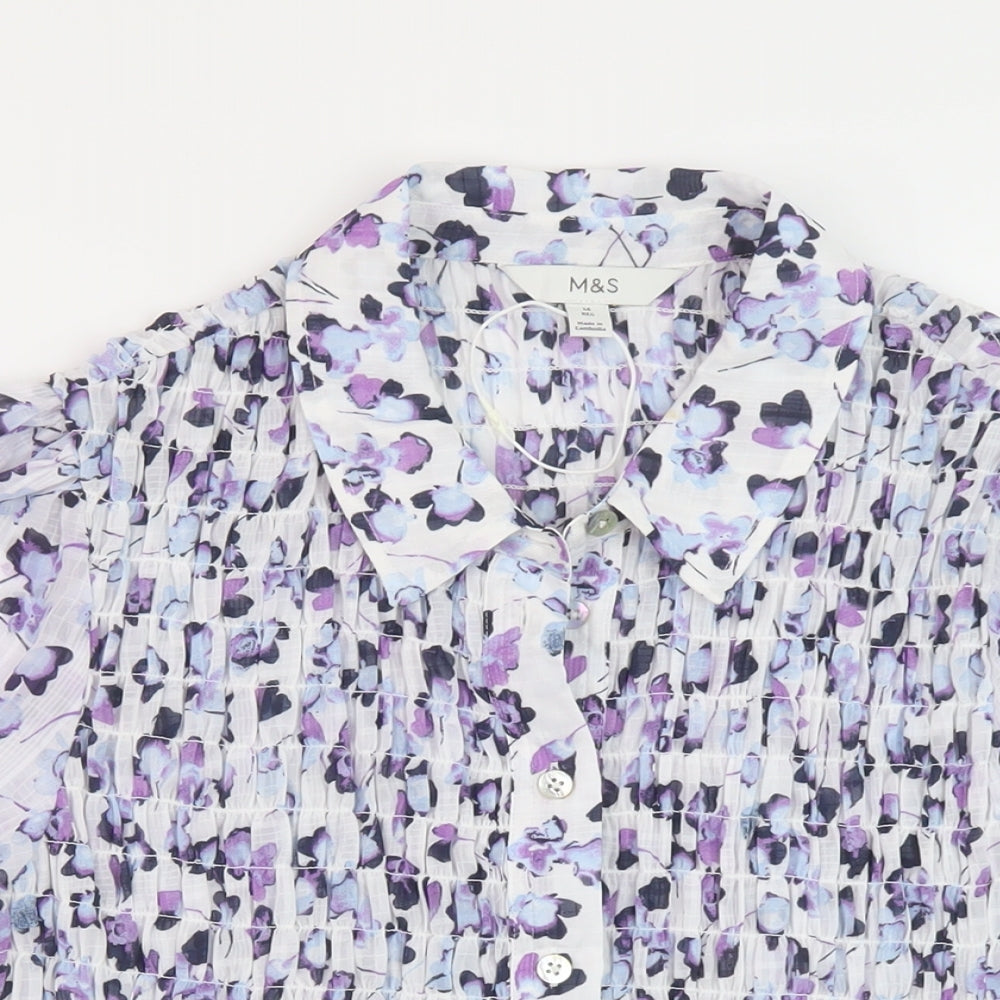Marks and Spencer Womens Blue Floral Polyester Basic Blouse Size 14 Collared