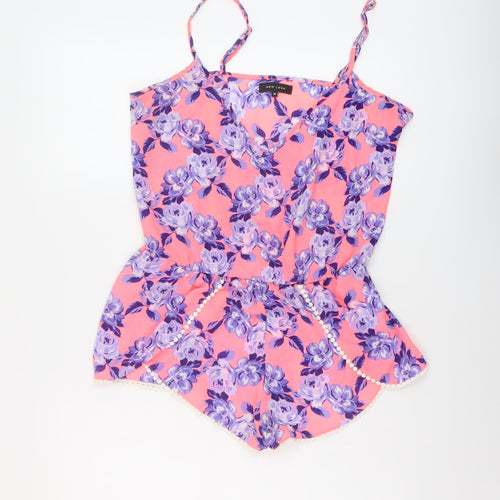 New Look Womens Pink Floral Polyester Playsuit One-Piece Size M Pullover