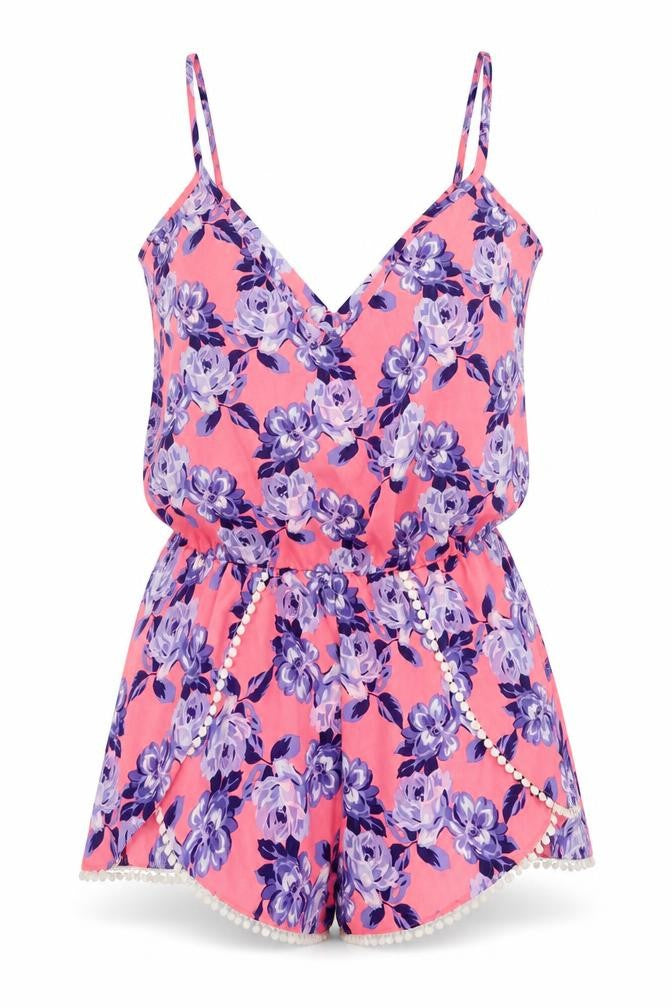 Front view of New Look women’s pink floral polyester playsuit one-piece, size M, pullover